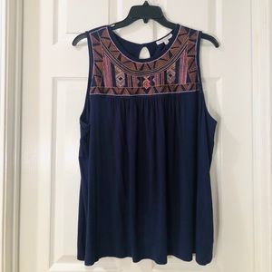 Blue Knit Tank with Multi-Colored Embroidery